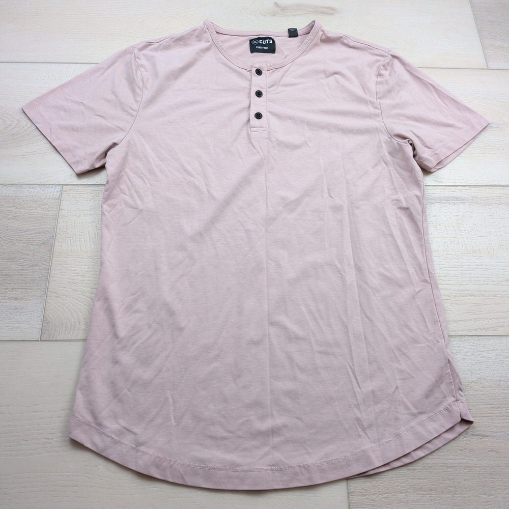 Cuts Curve-Hem Henley Shirt Mens Medium Mauve Pink Short Sleeve PYCA Pro MT10007